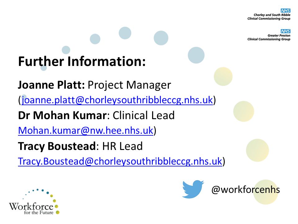 Further Information: Joanne Platt: Project Manager Dr Mohan Kumar: Clinical Lead Tracy Boustead: HR