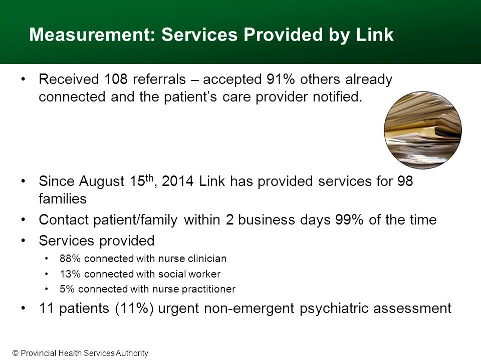 © Provincial Health Services Authority Measurement: Services Provided by Link Received 108 referrals – accepted 91% others already connected and the patient’s care provider notified.