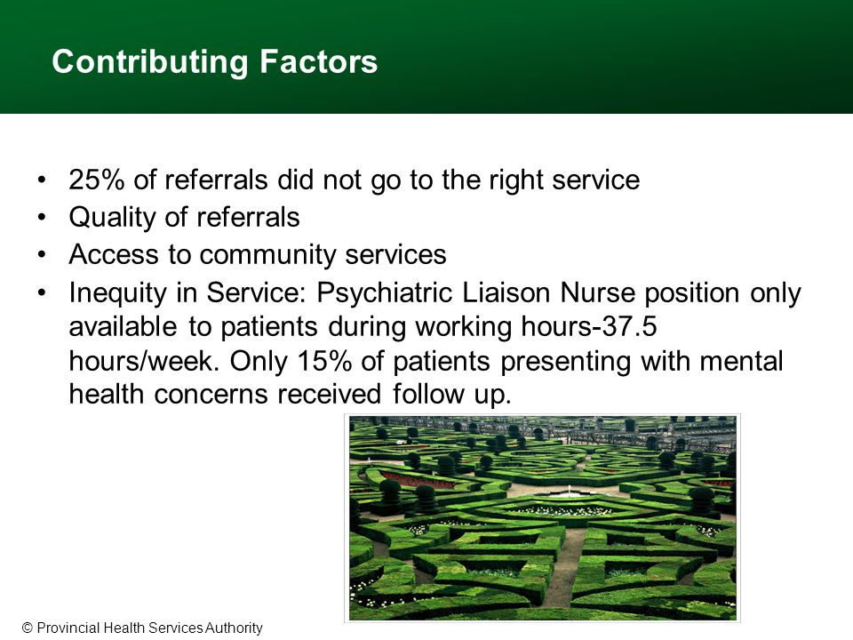 © Provincial Health Services Authority Contributing Factors 25% of referrals did not go to the right service Quality of referrals Access to community services Inequity in Service: Psychiatric Liaison Nurse position only available to patients during working hours-37.5 hours/week.