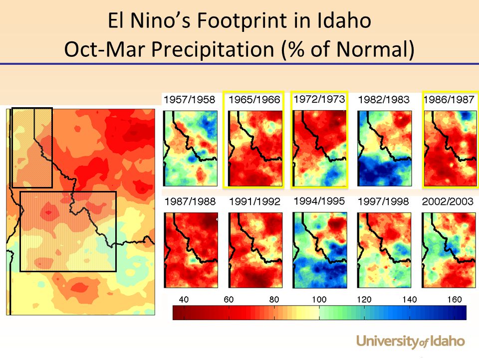 El Nino’s Footprint in Idaho Oct-Mar Precipitation (% of Normal)