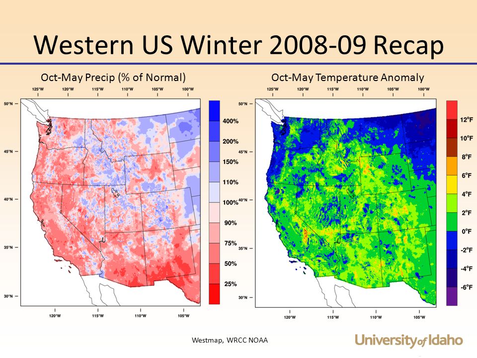 Western US Winter Recap Oct-May Precip (% of Normal)Oct-May Temperature Anomaly Westmap, WRCC NOAA