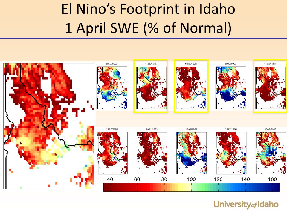 El Nino’s Footprint in Idaho 1 April SWE (% of Normal)
