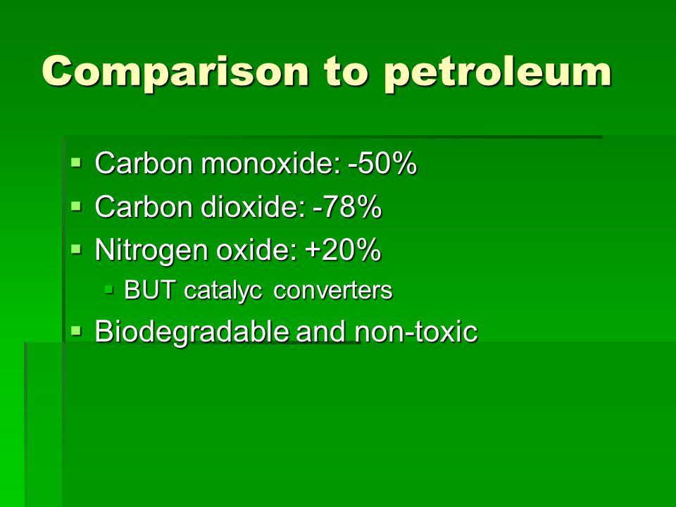 Comparison to petroleum  Carbon monoxide: -50%  Carbon dioxide: -78%  Nitrogen oxide: +20%  BUT catalyc converters  Biodegradable and non-toxic