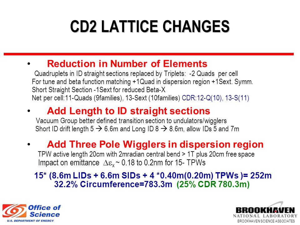 BROOKHAVEN SCIENCE ASSOCIATES CD2 LATTICE CHANGES Reduction in Number of Elements Quadruplets in ID straight sections replaced by Triplets: -2 Quads per cell For tune and beta function matching +1Quad in dispersion region +1Sext.