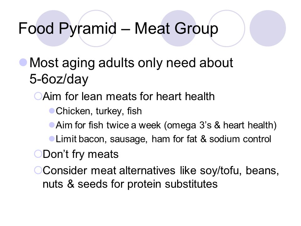 Food Pyramid – Meat Group Most aging adults only need about 5-6oz/day  Aim for lean meats for heart health Chicken, turkey, fish Aim for fish twice a week (omega 3’s & heart health) Limit bacon, sausage, ham for fat & sodium control  Don’t fry meats  Consider meat alternatives like soy/tofu, beans, nuts & seeds for protein substitutes