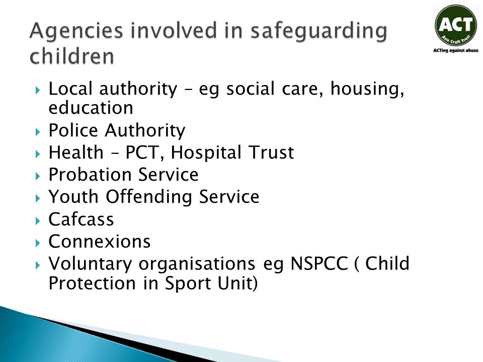  Local authority – eg social care, housing, education  Police Authority  Health – PCT, Hospital Trust  Probation Service  Youth Offending Service  Cafcass  Connexions  Voluntary organisations eg NSPCC ( Child Protection in Sport Unit)