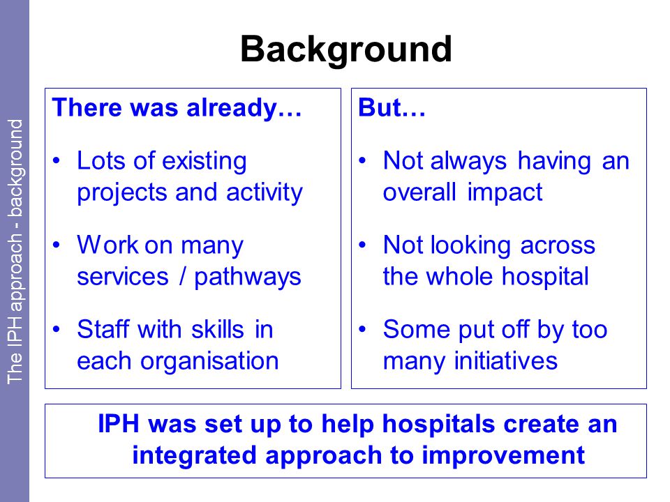 Background There was already… Lots of existing projects and activity Work on many services / pathways Staff with skills in each organisation The IPH approach - background But… Not always having an overall impact Not looking across the whole hospital Some put off by too many initiatives IPH was set up to help hospitals create an integrated approach to improvement