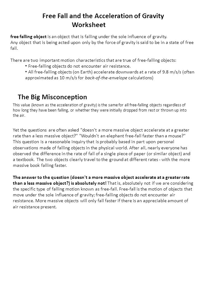 Worksheets Free Fall Worksheet free fall and the acceleration of gravity worksheet falling object is an that is