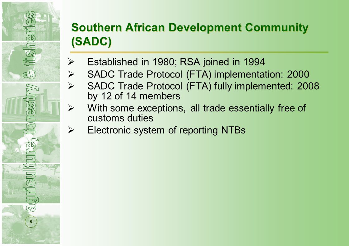 5 Southern African Development Community (SADC)  Established in 1980; RSA joined in 1994  SADC Trade Protocol (FTA) implementation: 2000  SADC Trade Protocol (FTA) fully implemented: 2008 by 12 of 14 members  With some exceptions, all trade essentially free of customs duties  Electronic system of reporting NTBs