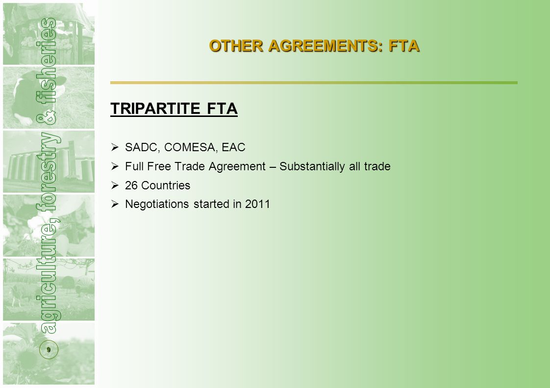 9 OTHER AGREEMENTS: FTA TRIPARTITE FTA  SADC, COMESA, EAC  Full Free Trade Agreement – Substantially all trade  26 Countries  Negotiations started in 2011