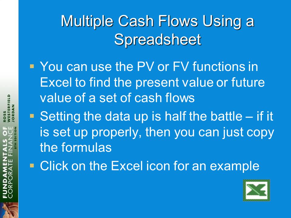 Multiple Cash Flows Using a Spreadsheet  You can use the PV or FV functions in Excel to find the present value or future value of a set of cash flows  Setting the data up is half the battle – if it is set up properly, then you can just copy the formulas  Click on the Excel icon for an example