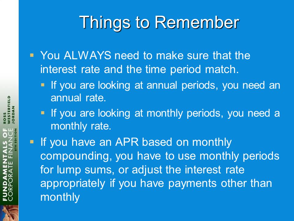 Things to Remember  You ALWAYS need to make sure that the interest rate and the time period match.