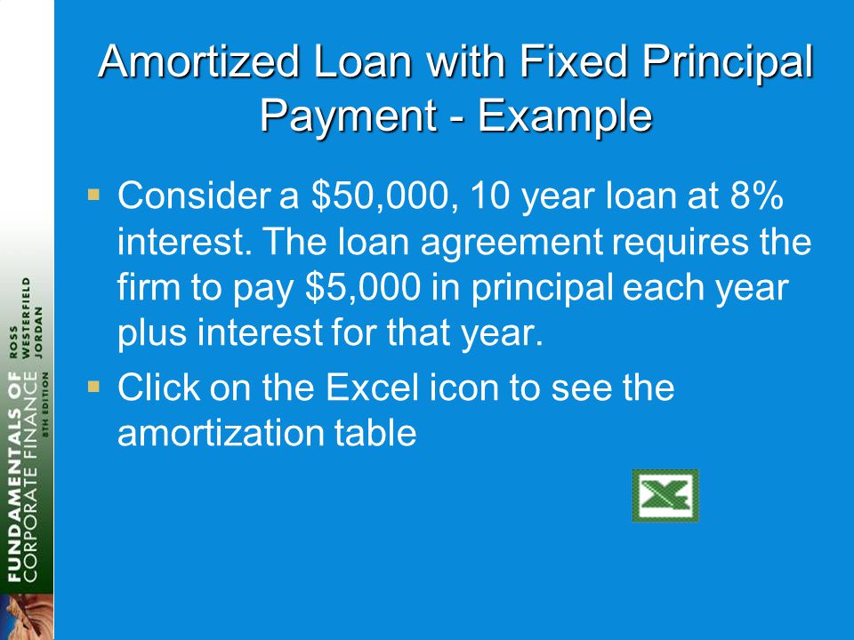 Amortized Loan with Fixed Principal Payment - Example  Consider a $50,000, 10 year loan at 8% interest.