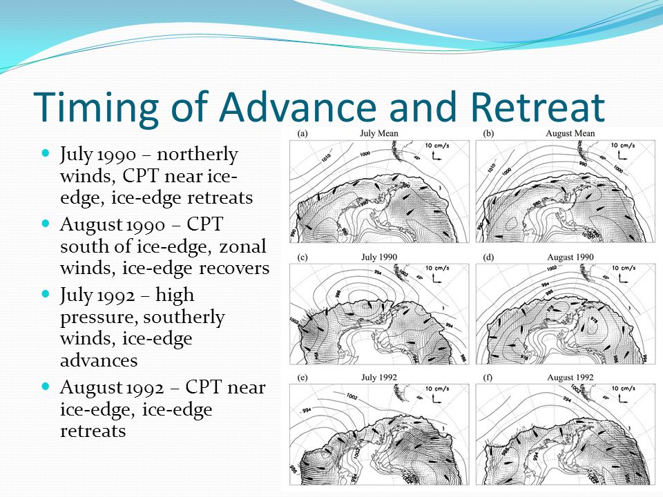 Timing of Advance and Retreat July 1990 – northerly winds, CPT near ice- edge, ice-edge retreats August 1990 – CPT south of ice-edge, zonal winds, ice-edge recovers July 1992 – high pressure, southerly winds, ice-edge advances August 1992 – CPT near ice-edge, ice-edge retreats