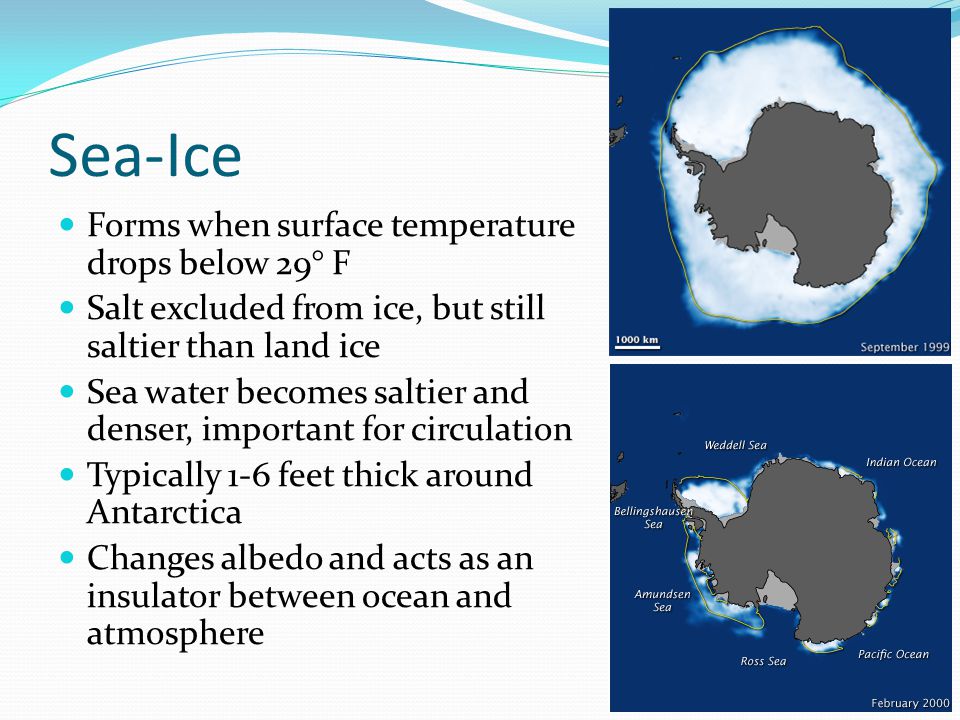 Sea-Ice Forms when surface temperature drops below 29° F Salt excluded from ice, but still saltier than land ice Sea water becomes saltier and denser, important for circulation Typically 1-6 feet thick around Antarctica Changes albedo and acts as an insulator between ocean and atmosphere
