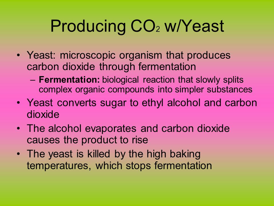 Producing CO 2 w/Yeast Yeast: microscopic organism that produces carbon dioxide through fermentation –Fermentation: biological reaction that slowly splits complex organic compounds into simpler substances Yeast converts sugar to ethyl alcohol and carbon dioxide The alcohol evaporates and carbon dioxide causes the product to rise The yeast is killed by the high baking temperatures, which stops fermentation