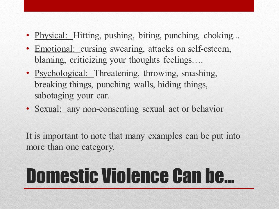 Domestic Violence Can be… Physical: Hitting, pushing, biting, punching, choking...