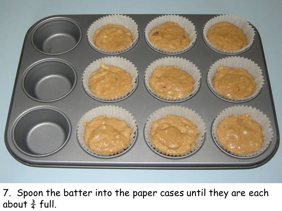 7. Spoon the batter into the paper cases until they are each about ¾ full.