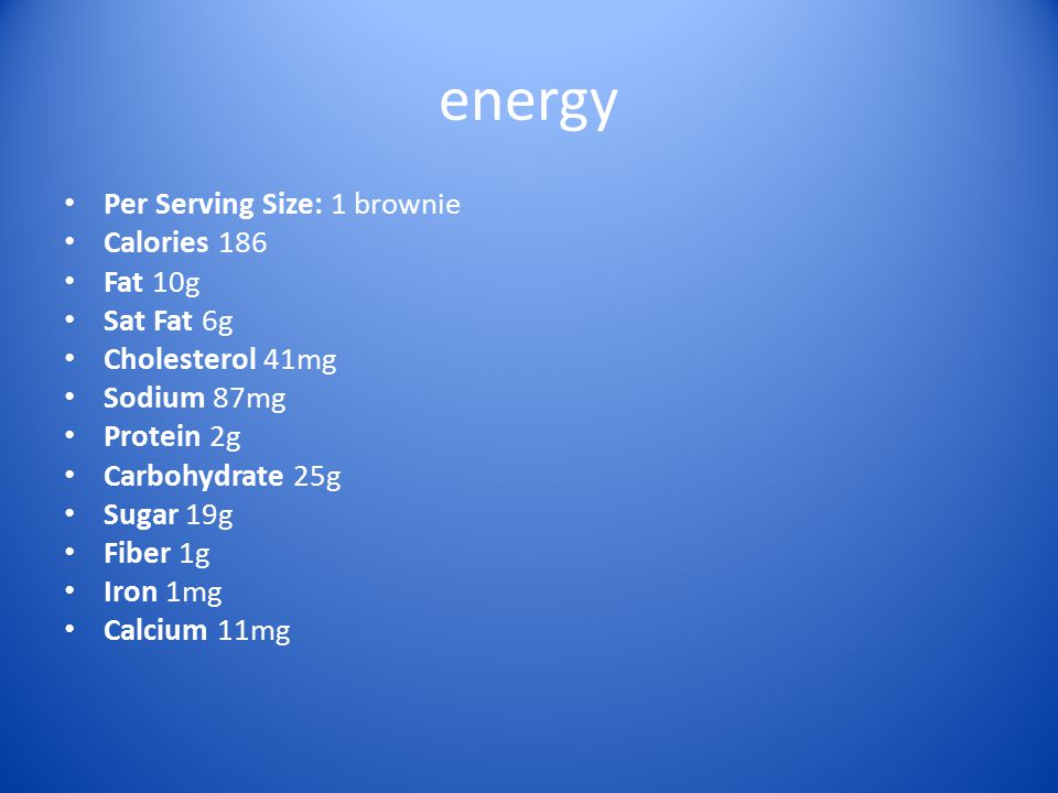 energy Per Serving Size: 1 brownie Calories 186 Fat 10g Sat Fat 6g Cholesterol 41mg Sodium 87mg Protein 2g Carbohydrate 25g Sugar 19g Fiber 1g Iron 1mg Calcium 11mg