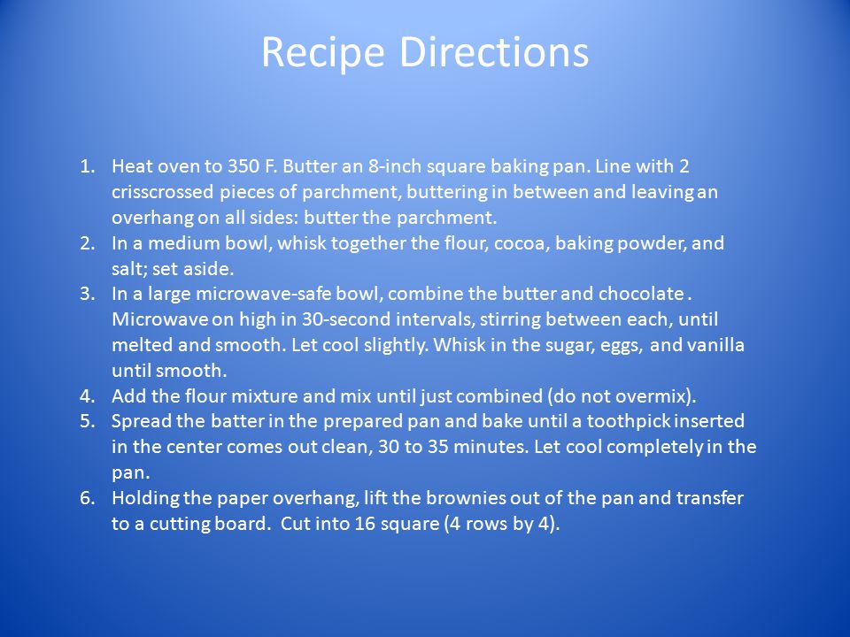 Recipe Directions 1.Heat oven to 350 F. Butter an 8-inch square baking pan.