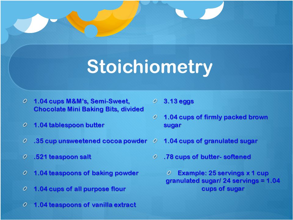 Stoichiometry 1.04 cups M&M’s, Semi-Sweet, Chocolate Mini Baking Bits, divided 1.04 tablespoon butter.35 cup unsweetened cocoa powder.521 teaspoon salt 1.04 teaspoons of baking powder 1.04 cups of all purpose flour 1.04 teaspoons of vanilla extract 3.13 eggs 1.04 cups of firmly packed brown sugar 1.04 cups of granulated sugar.78 cups of butter- softened Example: 25 servings x 1 cup granulated sugar/ 24 servings = 1.04 cups of sugar
