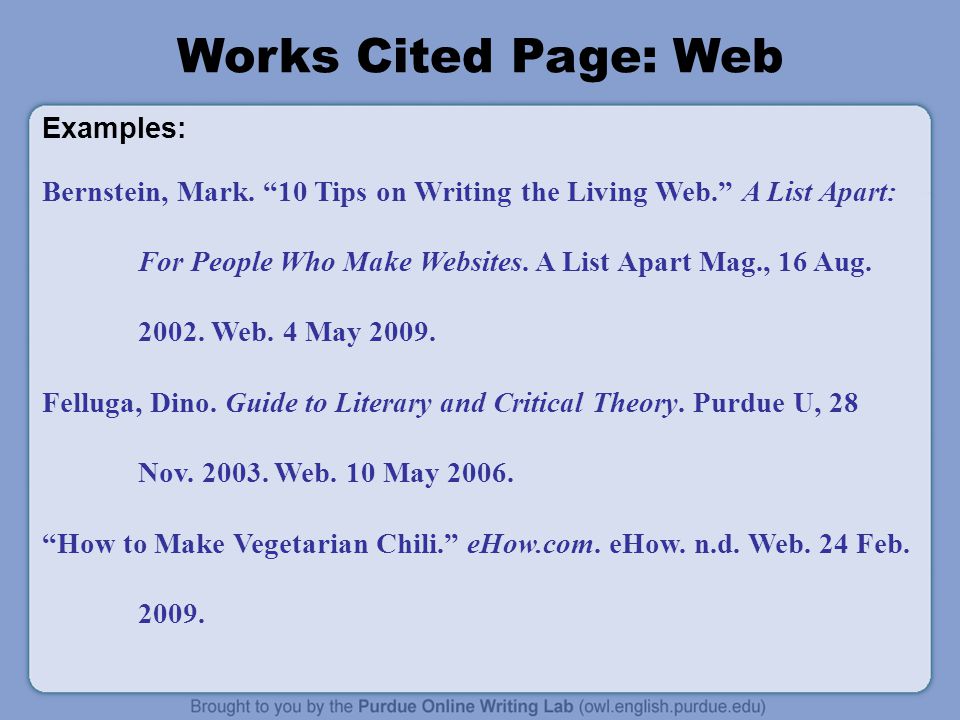 Works Cited Page: Web Examples: Bernstein, Mark.