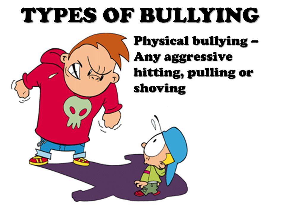TYPES OF BULLYING Physical bullying – Any aggressive hitting, pulling or shoving