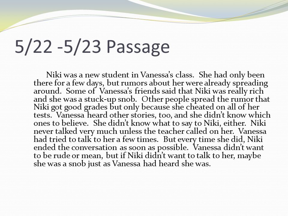 Worksheets Read The Passage may 22 nd 23 rd directions read the passage 522 523 niki was a new student in vanessas class