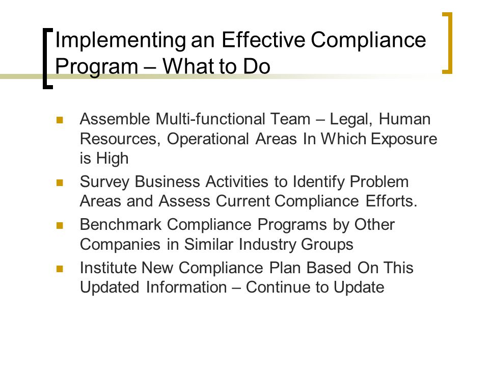Implementing an Effective Compliance Program – What to Do Assemble Multi-functional Team – Legal, Human Resources, Operational Areas In Which Exposure is High Survey Business Activities to Identify Problem Areas and Assess Current Compliance Efforts.