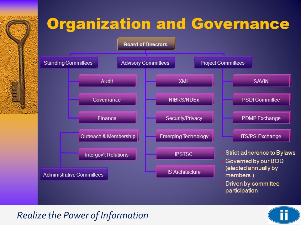 Realize the Power of Information Strict adherence to Bylaws Governed by our BOD (elected annually by members ) Driven by committee participation Organization and Governance Board of Directors Standing CommitteesAdvisory CommitteesProject Committees Audit Governance Finance XML NIBRS/NDEx Security/Privacy Emerging TechnologyOutreach & Membership SAVIN PSDI Committee PDMP Exchange ITS/PS Exchange IPSTSC Intergov’t Relations IS Architecture Administrative Committees