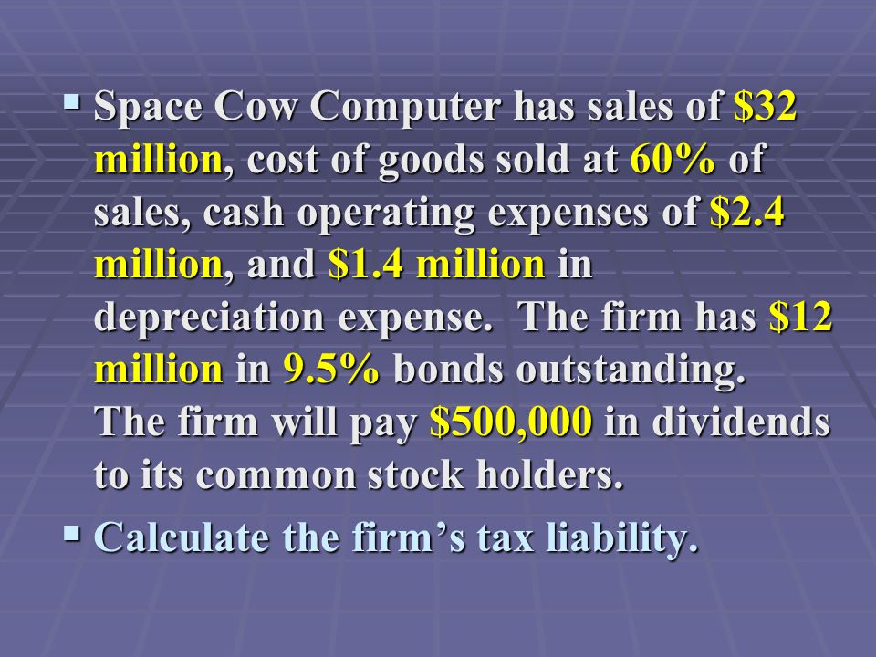  Space Cow Computer has sales of $32 million, cost of goods sold at 60% of sales, cash operating expenses of $2.4 million, and $1.4 million in depreciation expense.