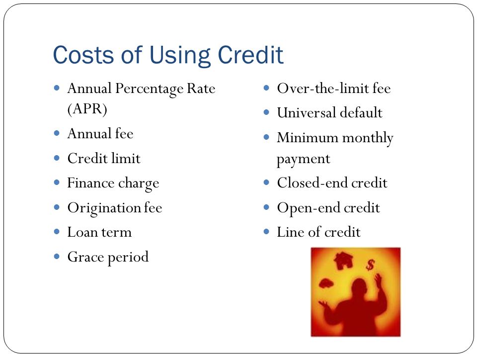 Costs of Using Credit Annual Percentage Rate (APR) Annual fee Credit limit Finance charge Origination fee Loan term Grace period Over-the-limit fee Universal default Minimum monthly payment Closed-end credit Open-end credit Line of credit