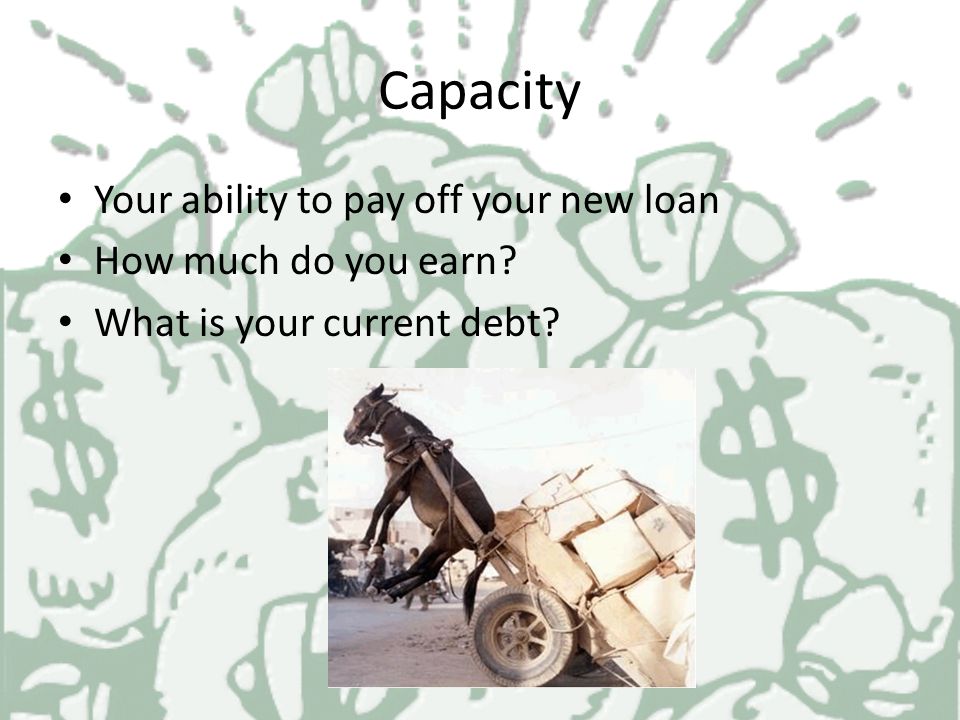 Character Will you repay your loan The creditor wants to know if you are trustworthy.