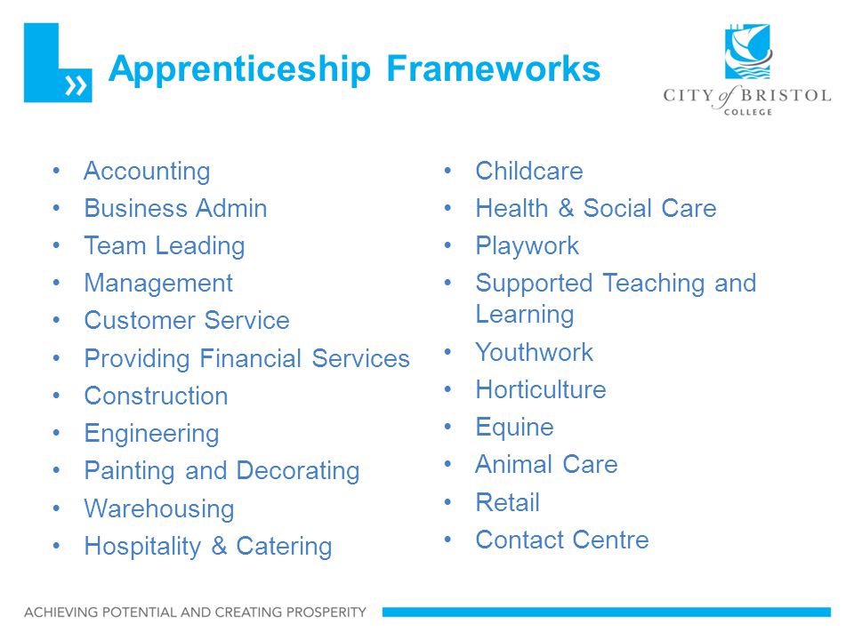 Apprenticeship Frameworks Accounting Business Admin Team Leading Management Customer Service Providing Financial Services Construction Engineering Painting and Decorating Warehousing Hospitality & Catering Childcare Health & Social Care Playwork Supported Teaching and Learning Youthwork Horticulture Equine Animal Care Retail Contact Centre