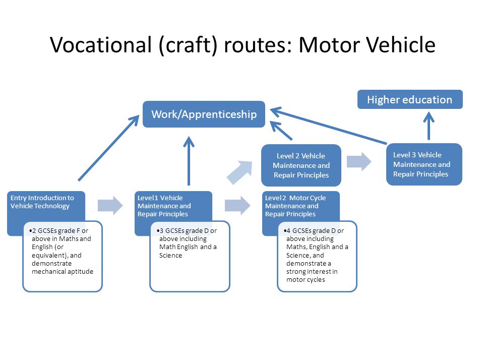 Vocational (craft) routes: Motor Vehicle Entry Introduction to Vehicle Technology 2 GCSEs grade F or above in Maths and English (or equivalent), and demonstrate mechanical aptitude Level 1 Vehicle Maintenance and Repair Principles 3 GCSEs grade D or above including Math English and a Science Level 2 Motor Cycle Maintenance and Repair Principles 4 GCSEs grade D or above including Maths, English and a Science, and demonstrate a strong interest in motor cycles Level 2 Vehicle Maintenance and Repair Principles Level 3 Vehicle Maintenance and Repair Principles Work/Apprenticeship Higher education