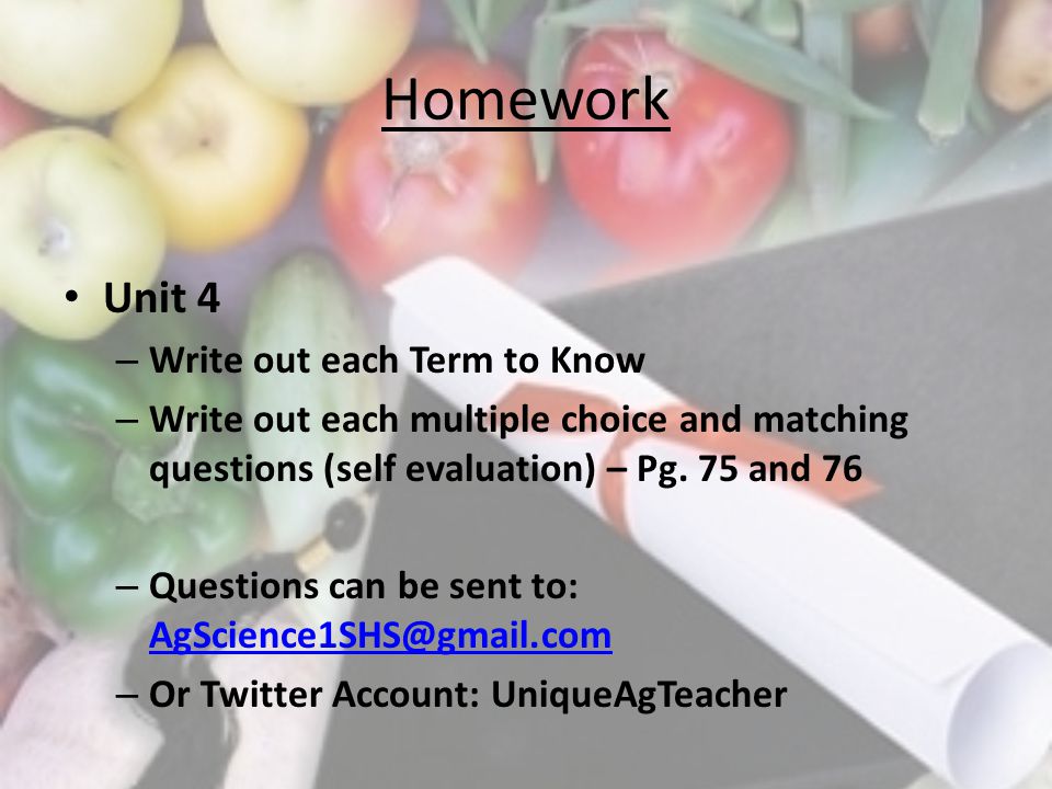 Homework Unit 4 – Write out each Term to Know – Write out each multiple choice and matching questions (self evaluation) – Pg.