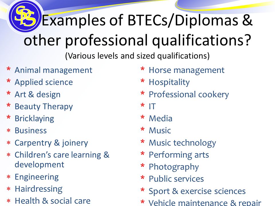 Examples of BTECs/Diplomas & other professional qualifications.