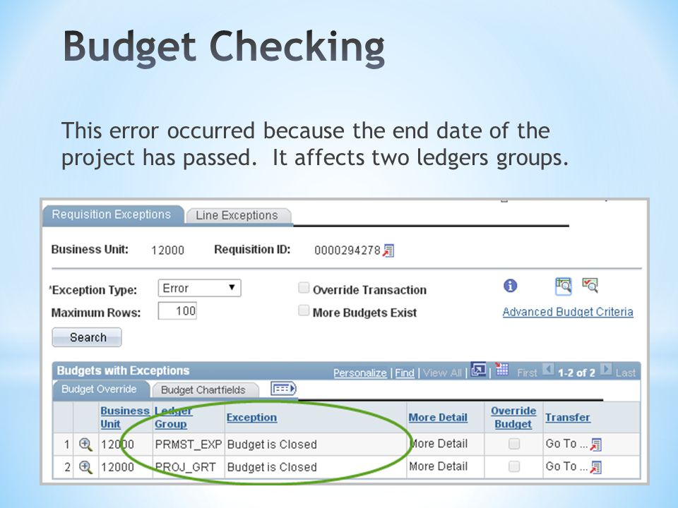 This error occurred because the end date of the project has passed. It affects two ledgers groups.