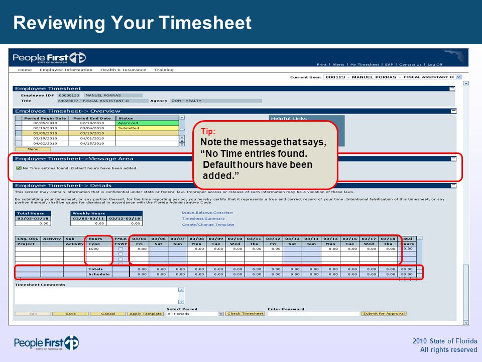 Reviewing Your Timesheet 2010 State of Florida All rights reserved Tip: Note the message that says, No Time entries found.