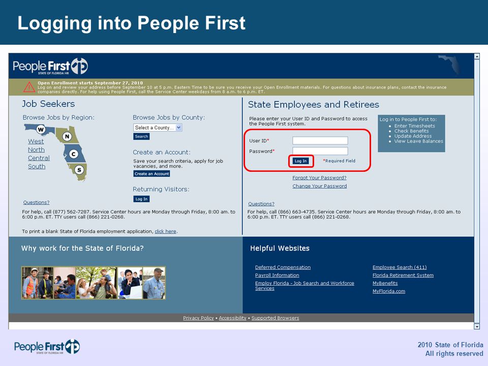 Logging into People First 2010 State of Florida All rights reserved