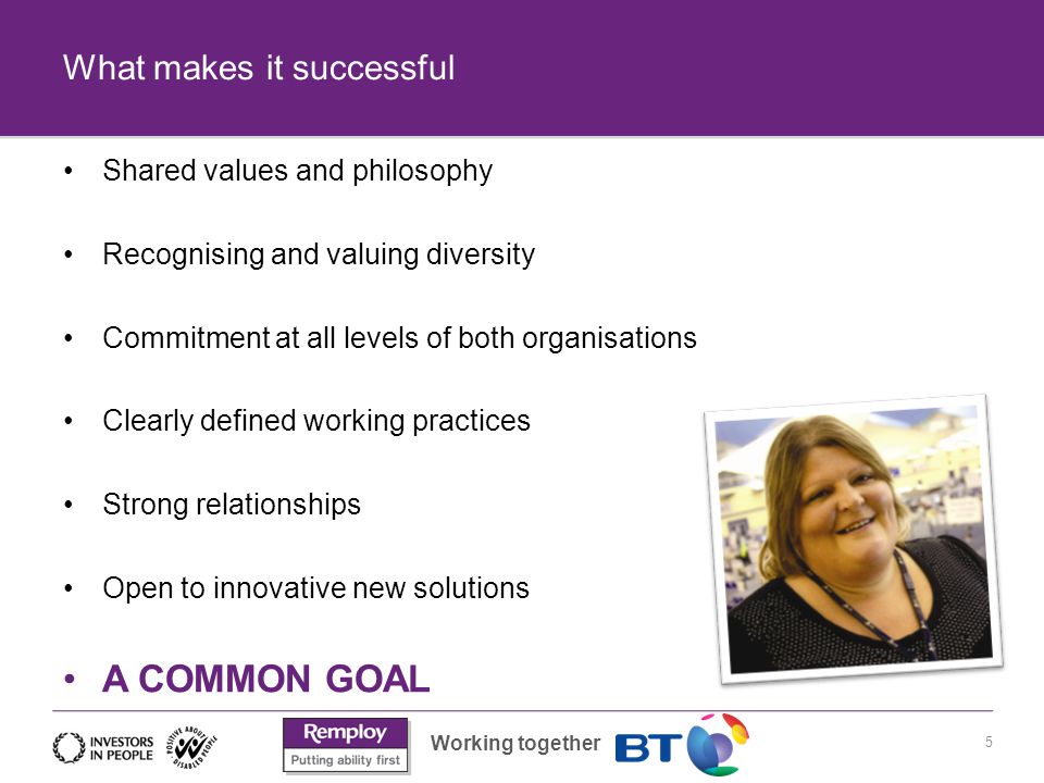 Working together 5 Shared values and philosophy Recognising and valuing diversity Commitment at all levels of both organisations Clearly defined working practices Strong relationships Open to innovative new solutions A COMMON GOAL What makes it successful