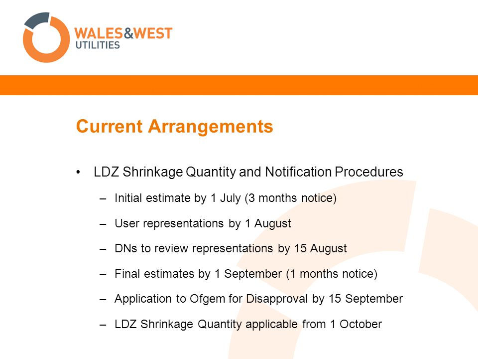 Current Arrangements LDZ Shrinkage Quantity and Notification Procedures –Initial estimate by 1 July (3 months notice) –User representations by 1 August –DNs to review representations by 15 August –Final estimates by 1 September (1 months notice) –Application to Ofgem for Disapproval by 15 September –LDZ Shrinkage Quantity applicable from 1 October