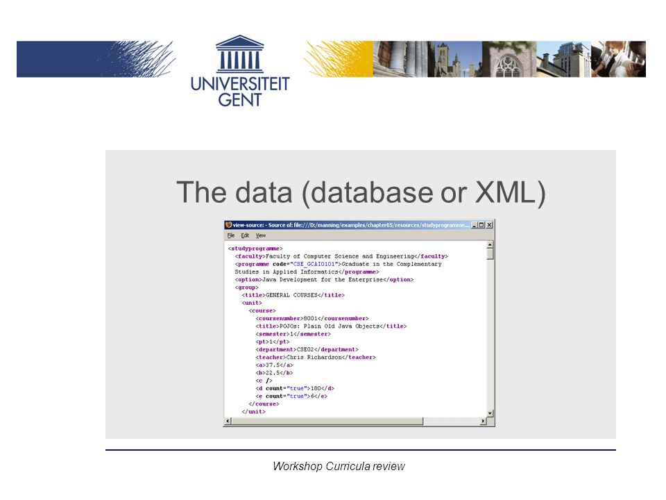Workshop Curricula review The data (database or XML)