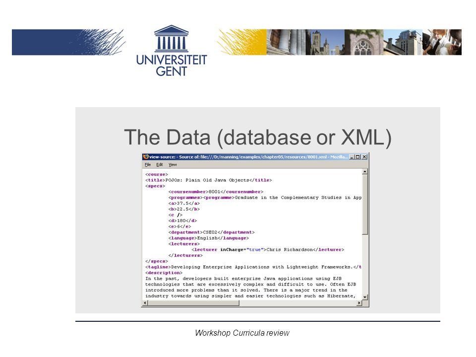 Workshop Curricula review The Data (database or XML)