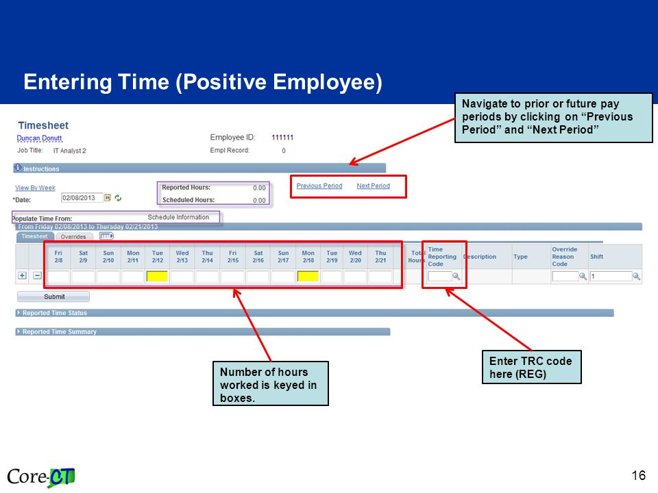 16 Entering Time (Positive Employee) Navigate to prior or future pay periods by clicking on Previous Period and Next Period Number of hours worked is keyed in boxes.