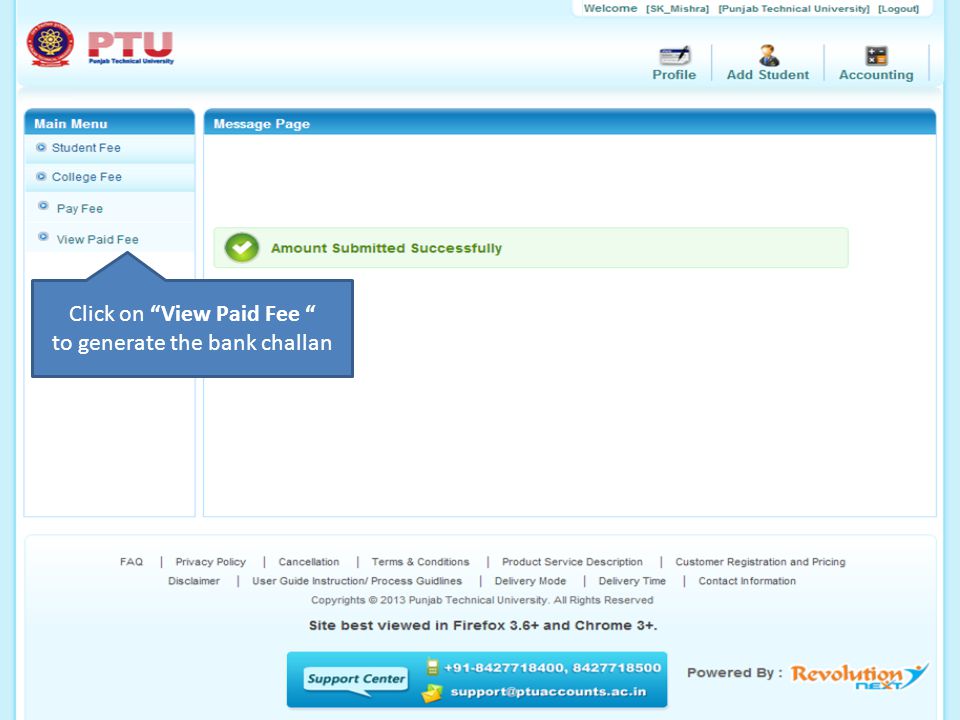 Click on View Paid Fee to generate the bank challan