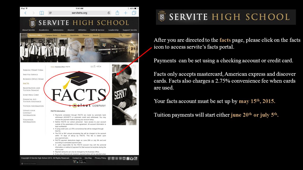 After you are directed to the facts page, please click on the facts icon to access servite’s facts portal.