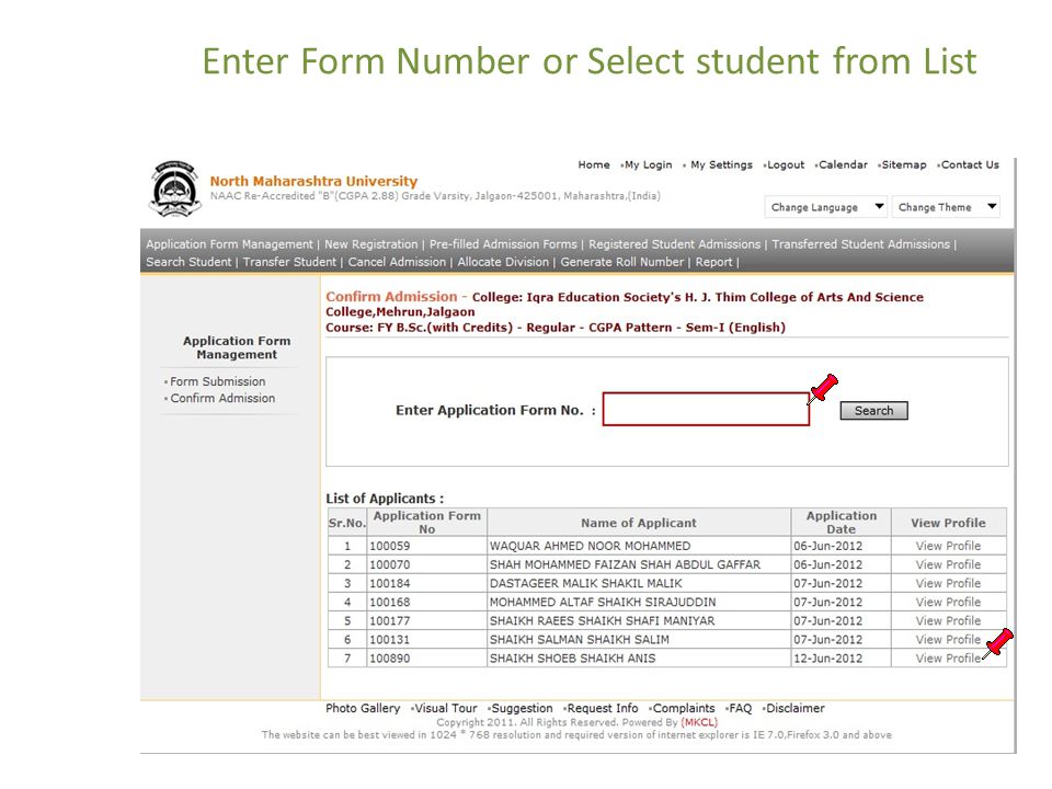 Enter Form Number or Select student from List