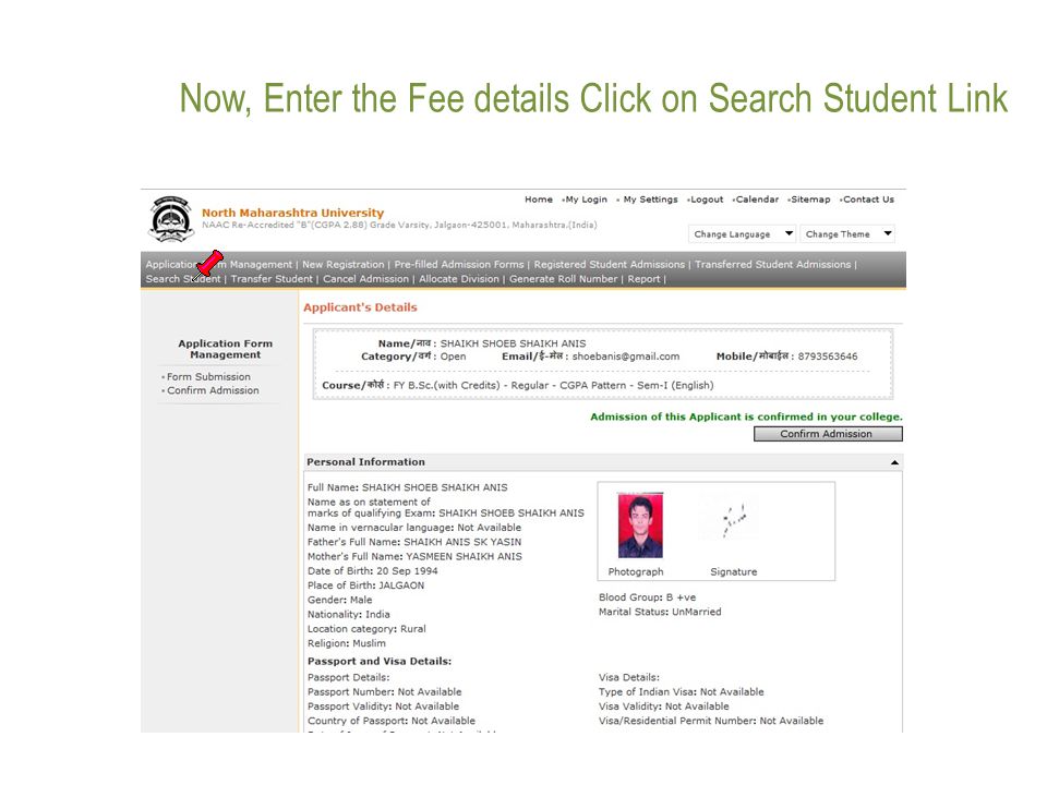 Now, Enter the Fee details Click on Search Student Link