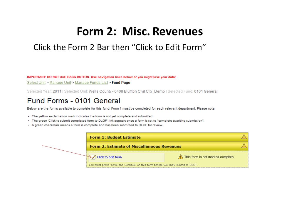 Form 2: Misc. Revenues Click the Form 2 Bar then Click to Edit Form